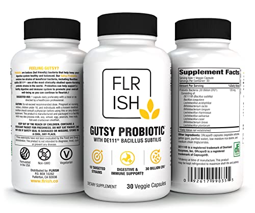 Gutsy Probiotic with 30 Billion CFU, 10 Probiotic Strains, DE111 Bacillus subtilis, Supports Digestion and Immunity, 30 Delayed-Release Vegetarian Capsules, 1 Month Supply