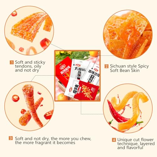 Chinese Spicy Snack Variety Pack, 4 Flavors - soybean skin, Gluten Strips, Konjac Jelly, Spicy Bars, Non-Fried, 60g-80g Bags