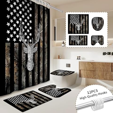 Muuyi 4Pcs Deer Antler Shower Curtain Sets, Wildlife Animal Deer Head Vintage Black and White American Flag Hunting Rustic Bath Decor, Waterproof Shower Curtain, Non-Slip Bath Mat, with 12 Hooks Cover