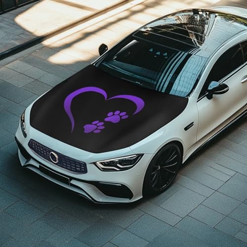 Image of Purple Heart Paw Print Car Hood Cover Stretch Fabric Covers for Car Hood Waterproof Universal Auto Accessories Easy Installation for Car Hood Decor and Protection