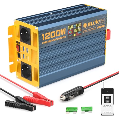 HLCJC Convertisseur de Tension 1200W/2400W Onde Sinusoïdale Pure 12V vers 230V, 1 Prise EU, 1x USB-C, 3X USB-A Charge Rapide, Écran LCD pour Camping-Car Camion Voiture