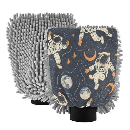 ALAZA Astronaut Moon Stars Pop Art Car Wash Mitt Scratch Free, 2 Pack Absorbent Microfiber/Chenille Washing & Drying Mitts, L