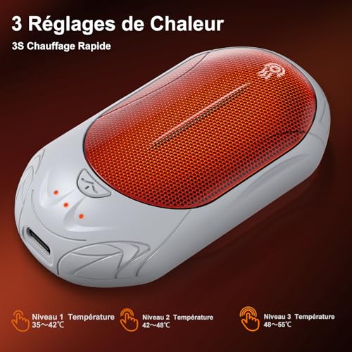 Chauffe-main rechargeable 6000mAh, chaufferette réutilisable USB 3 niveaux