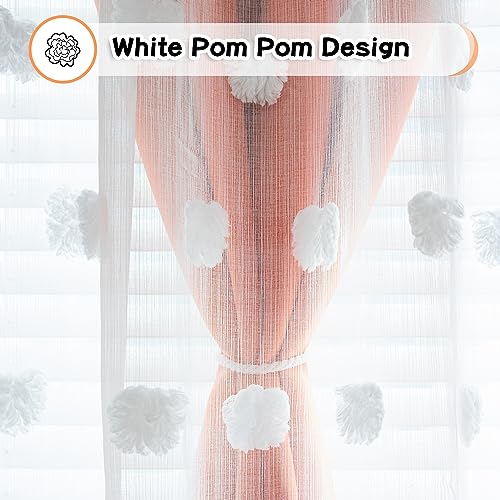 Image of MYSKY HOME Orange Curtains 90 Inch Long for Living Room Nursery Curtains for Bedroom Double Layer Curtains White Pom Pom Sheer Curtains for Dining Room Grommet Room Darkening Window Panels 52 inch x 90 inch