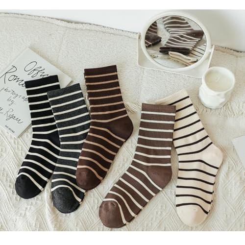 Image of Deeorla Womens Striped Crew Socks Brown Vintage Retro Athletic Socks 5 Pairs