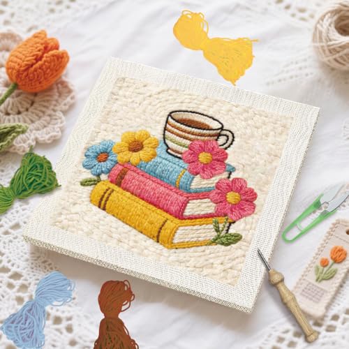 Image of BEUNITONE Book and Flower Punch Needle Kit for Adults Beginners, Complete DIY Craft Embroidery Kits with Hoop, Punch Needle Starter Craft Set for Festival Gift and Home Decor 9.4x9.4in