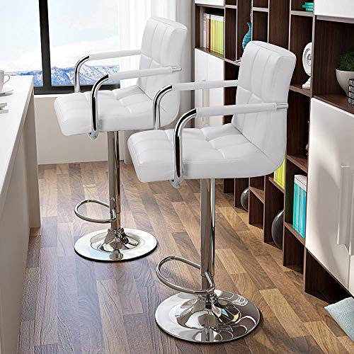 Topeakmart 2Pcs Adjustable Bar Stools Breakfast Barstool With Back And Arms Leather Swivel Barstool Chairs W/Gas Lift For Home/Kitchen/Office/Bar Use,White #TOP2