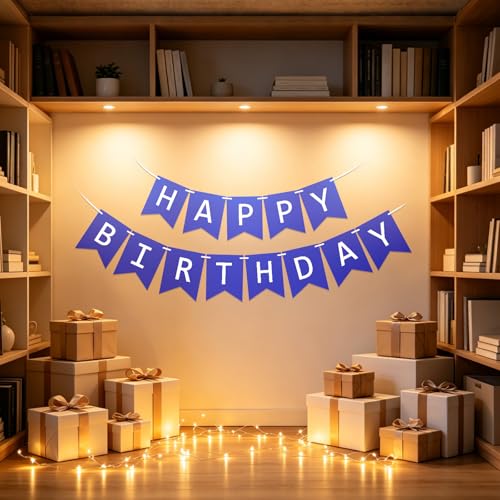 Image of Fecedy Navy Blue Happy Birthday Bunting Banner Pre-Strung No DIY for Birthday Party Decorations