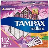 Tampax Radiant Plastic Tampons, Regular/Super/Super Plus Absorbency Triplepack, 112 Count, Unscented (28 Count, Pack of 4 - 112 Count Total)