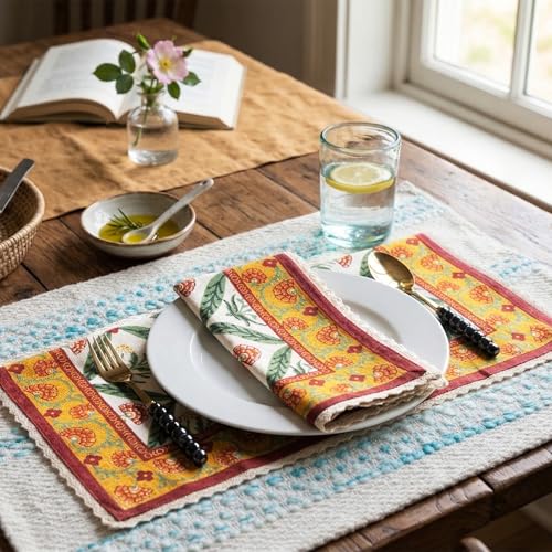 Image of FINGERCRAFT Floral Print Cloth Napkins Set of 12, 20x20 Inch, Cotton Linen Blend with Lace Edge, Block Print Table Napkins, Reusable Dinner Napkins for Dining, Parties & Festive Tables (Vintage Craft)