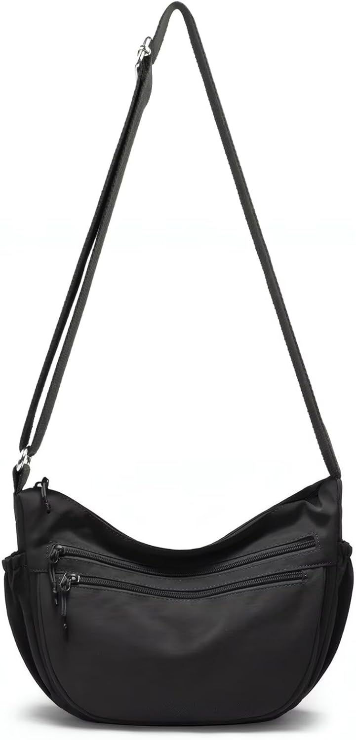 Multi-Pocket Nylon Crescent Crossbody Bag for Women,Sling Trendy Lightweight Medium Hobo Shoulder Bag with Adjustable Strap