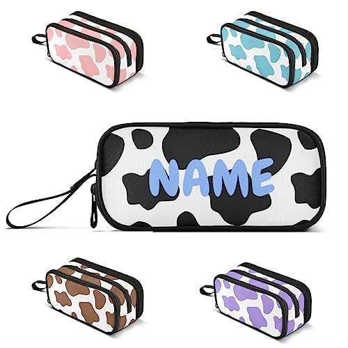Image of Personalized Cow Print Large Capacity Pencil Case Pencil Pouch Pen Box | 3 Compartment Large Storage Pencil Bag for Adults School Office Teen Girl Boy Men Women