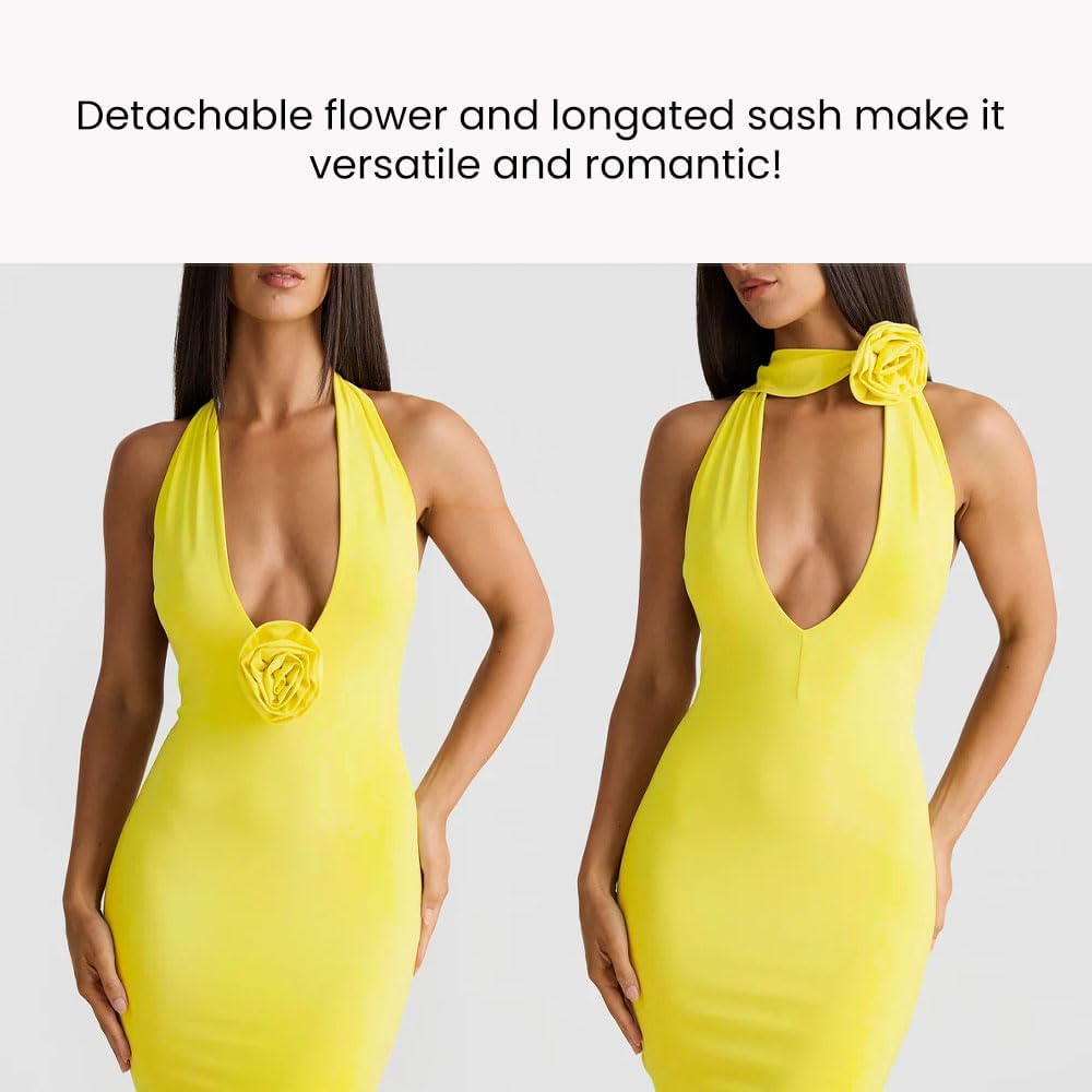 Women Sexy Backless Dress Halter Deep V Neck Detachable Flower Sleeveless Open Back Maxi Dress Cocktail Prom Formal Dresses - Image 3