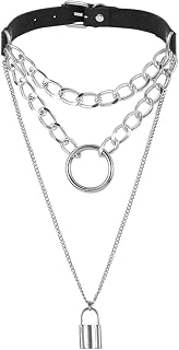 ST.REGION Black Leather & Silvertone Layered Padlock Pendant Necklace, Silvertone copper / leather, No Gemstone