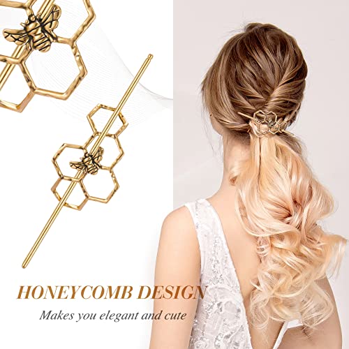 4 Pieces Bee Accessories 2 Pieces Hollow Geometric Bee Honeycomb Hair Clips And 2 Pieces Bee Hair Pin Clips Dainty Alloy Metal Bee Hair Twist Bun Hair Stick Headpieces For Women Girls (Gold) #TOP2