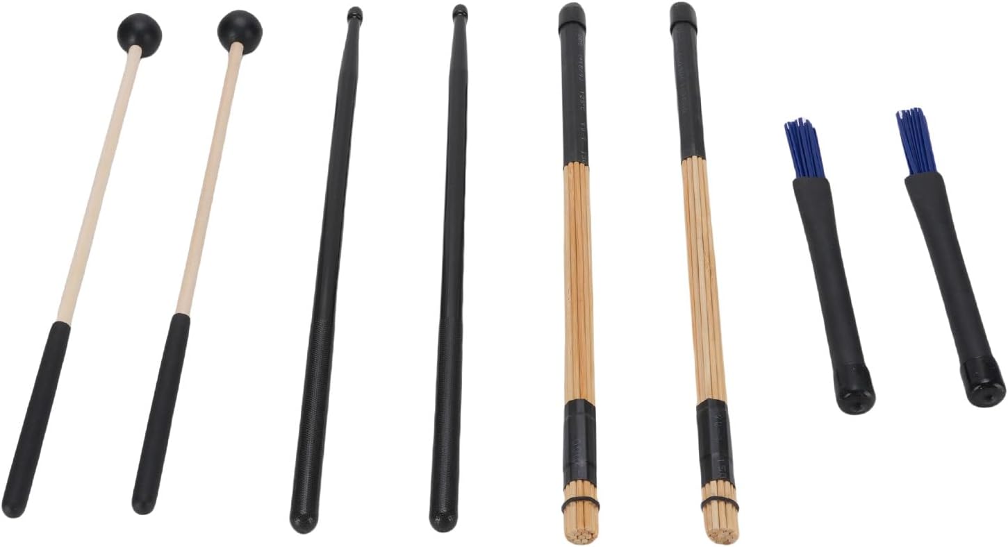Drum Sticks Mallets Brushes Set, Lightweight Maple Wood Non Slip Finish Drumsticks, Includes Drum Wire Brushes with Rubber Handle for Jazz Folk and Various Music Genres