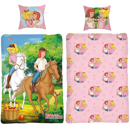 BERONAGE Bibi und Tina Kinderbettwäsche Pferde - 135 x 200 cm + 80 x 80 cm 100% Baumwolle Renforcé-Linon Bettwäsche mit Motiven von Amadeus & Sabrina - Reiten - Reißverschluss deutsche Größe