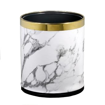 Luxury Metal Waste Bin 10L, Open Top Double Layer Trash Can Floor Standing with Faux Leather Covered - Waste basket Dust Bins for Kitchen Bathroom Hotel Office White Marble
