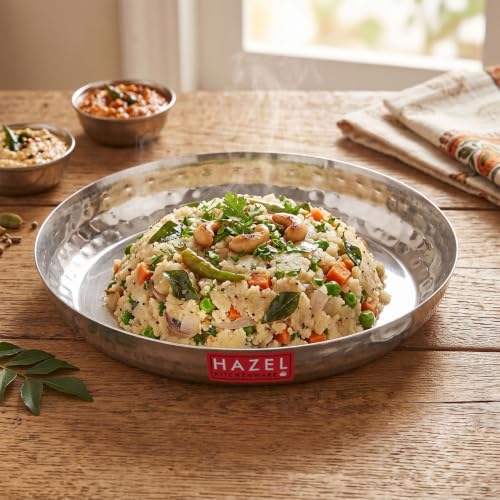 Image of HAZEL Stainless Steel Snack Plate 18 cm | Thali with Hammered Sides | Daily Use Breakfast Plate Food Serving Plate for Restaurant Thali