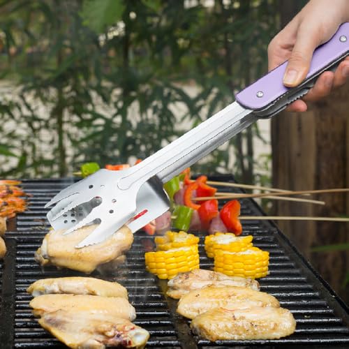 Image of ROXON S601 14 inch 6 in 1 MBT3 Folding Grill Utensils Set Fork Spatula Grilling Knife Tongs Opener for Backyard Barbecue and Camping (Purple)