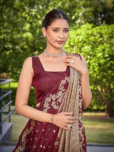 Image of MANOHARI Women's Trendy Banarasi Satin Silk Woven Saree with Heavy Jacquard Work, Elegant Design for Women with Lace Border Unstitched Blouse Piece for Weddings & Festive Occasions