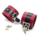 Boowhol Leder Handschellen Fußschellen Abschließbar mit Schlüssel und Schloss, Hand- und Fußfesseln Einstellbar Rote und Schwarze Spaß Flirten Bondage S&M Sexspielzeug (Fuß)
