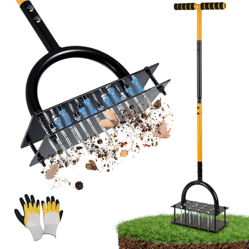 Lawn Aerator, Manual Garden Aerator for Lawn, Pre-Assembled 20 Iron Spikes, Adjustable T-Handle, Automatic Dirt and Leaf Clean Design, Garden & Grass aerator