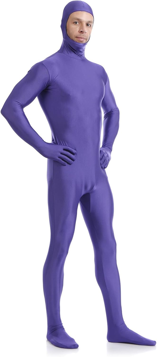 Boys' Men's Full Body Open Face Unitard Mask Purple Spandex Zentai Party Diy Second Skin Costume Bodysuit, Purple, M/155-165cm