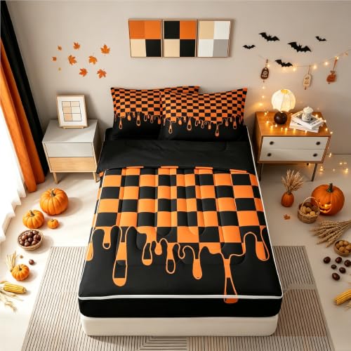 Image of Orange and Black Checkered Zipper Bedding Set Twin Zip Up Bedding Checkerboard Drip Gingham Plaid Comforter Set with Sheets for Child Girls Boys,Modern Geometric Grid Bed in a Bag Halloween Bed Sets