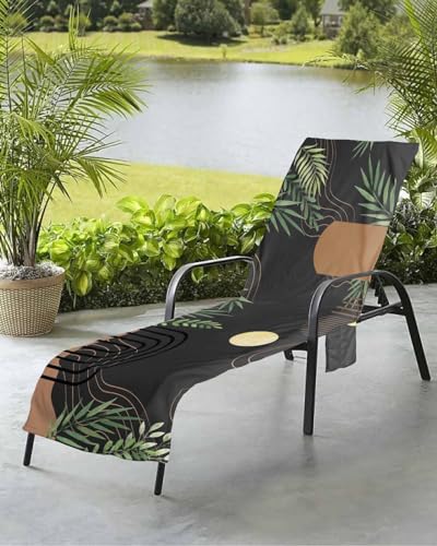 Boho Geometric Beach Chair Towel Covers for Chaise Lounge with Side Pocket, Soft Plush Pool Towels Cover for Patio Sunbathing Outdoor 29''x85'' Abstract Watercolor Eucalyptus Leaves