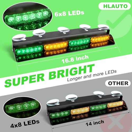 HLauto 604N Emergency Dash Strobe Lights: 2x16.8 inch Green Amber Security Light w/Take Down, 48 LED Safety Flashing Warning Hazard Interior Windshield Light Bar for Trucks Vehicles - Thumbnail 2
