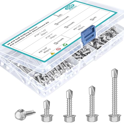 150Pcs Self Drilling Screws Assortment Kit, #8 1/2 3/4 #10 1 1-1/2, Hex Washer Head Self Drilling Screws,410 Rust-Resistant Stainless Steel Self Tapping Sheet Metal TEK Screws