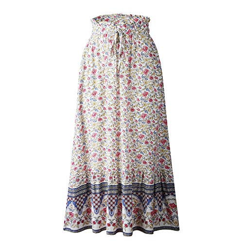 Women Floral Printed Elastic Waist Tie A Line Bohemian Beach Long Maxi Skirt