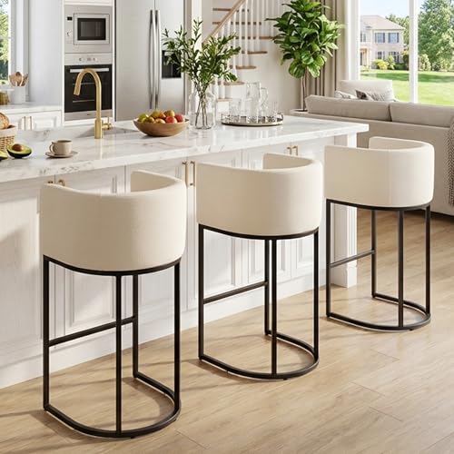 Image of HNY Cream Modern Barrel Counter Height Clearance Bar Stools Set of 2, 32 Inch Linen Kitchen Barstools with Back for Island, with Black Metal Tubular Frame