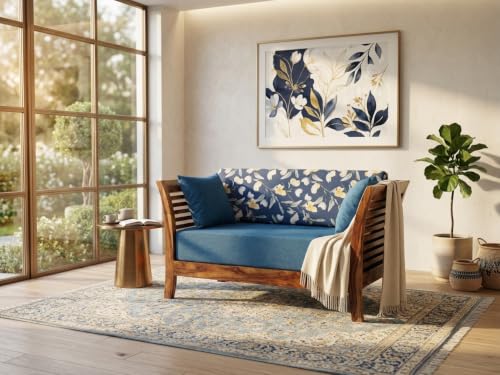 Image of Solid Sheesham Wood 2 Seater Sofa Set for Living Room | Wooden Couch with Cushions | Handcrafted Sheesham Wood Sofa | Home & Office Furniture | 2 Seater Sofa Set |