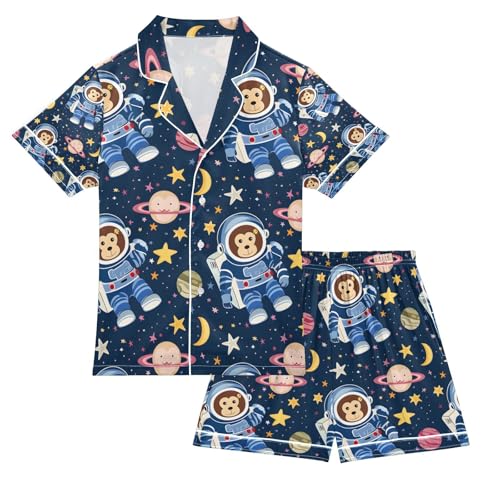 senya Astronaut Monkey Satin Summer Pajama Sets Silk Short Sleeve Button Down Sleepwear