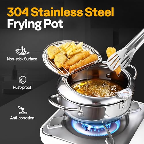 image for VIVOHOME 9.8 Inch 3.2 L 304 Stainless Steel Deep Fryer Pot with Tong, 