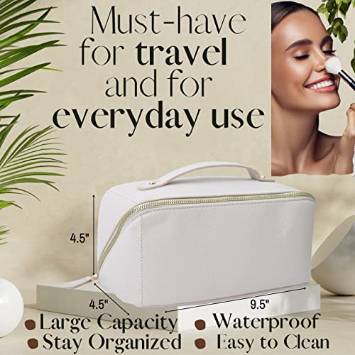 Upgraded Large Capacity Travel Cosmetic Bag - Makeup Bag Opens Flat With Compartments For Easy Access - Leather Waterproof Portable Cosmetics Bag With Handle, Divider - Toiletry Make Up Organizer Bag… #TOP7