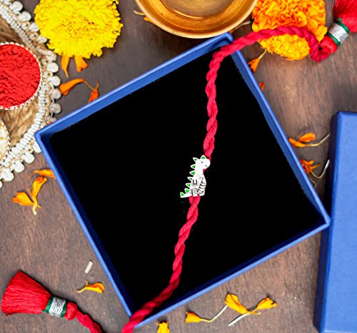 Image of Meenakari Sterling Silver Dinosaur Cartoon Kids rakhi (Boys and girls) Roli Chawal and Rakshabandhan greeting card