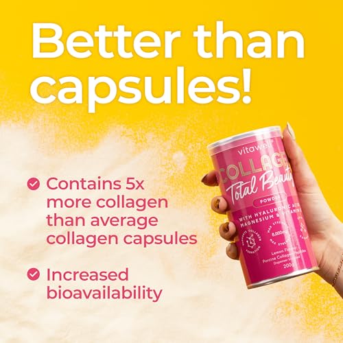Vitawell Collagen Total Beauty Powder Supplement for Women | 8,000mg Hydrolysed Collagen Peptides Powder with Vitamin C + Magnesium + Hyaluronic Acid | Non-GMO 200g (Lemon Flavour) - Image 3