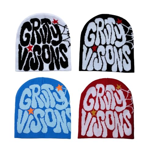 QCWN 4Pcs Y2k Beanie Knitted Hat Winter Warm Gothic Pattern Graphic Hat Acrylic Knitted Y2k Hats Accessories Streetwear Beanie for Men Women