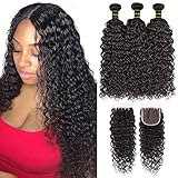 Brazilian Hair Water Wave 3 Bundles with Closure (18 20 22+16) Human Hair Bundles Lace Closure 100% Unprocessed Virgin Human Hair Extension Natural Color Free Part