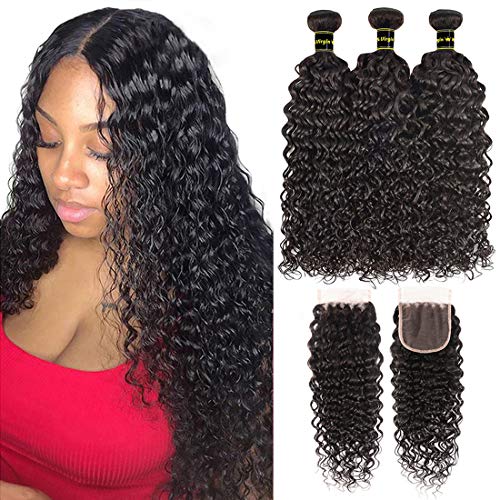 Brazilian Hair Water Wave 3 Bundles with Closure Human Hair Bundles with 4x4 Lace Closure 100% Unprocessed Virgin Human Hair Ocean Wave Bundles Natural Color (18 20 22+16)
