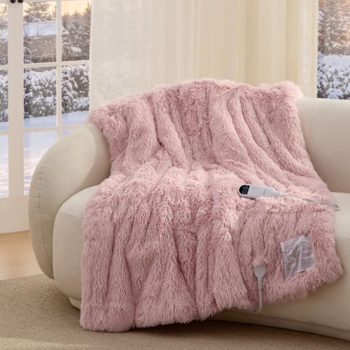 Image of Bedsure Faux Fur Heated Blanket Throw, Long-Pile Electric Blanket, Pink