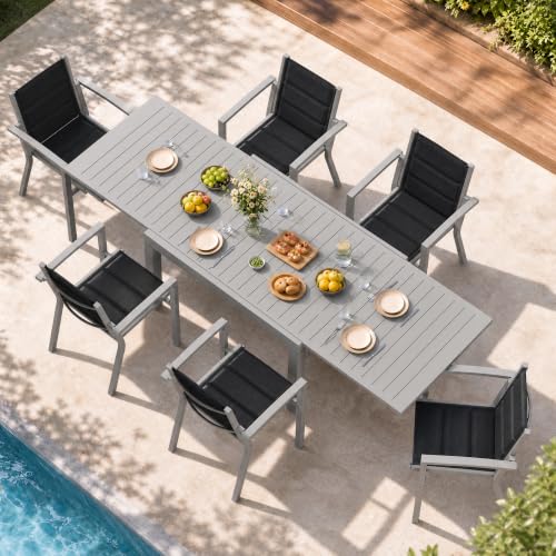 JUMMICO Salon de Jardin Extérieur avec 6 Fauteuils et 1 Table en Aluminium Extensible ｜ pour 6 Personnes ｜ Robuste, Durable et Facile à Nettoyer ｜...