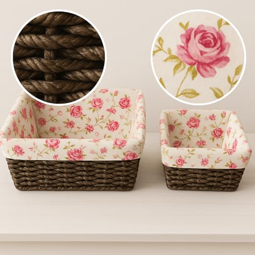 Set of 2 Corn Rope Woven Storage Baskets with Floral Fabric Liner, Decorative Organizer Bins for Shelves, Closet, Bathroom, Natural Fiber Farmhouse Basket Set by SDFUMAO - Image 3