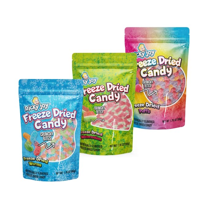 Ricky Joy® Freeze Dried™ Candy - Variety Pack - Freeze Dried Worms, Freeze Dried Watermelon, Freeze Dried Puffs - 3 Pack - Gift Snack for Kids and