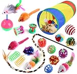 20 Pcs Cat Toys for Indoor Kitten, Collapsible Tunnel, Interactive Feather Wand Ball Spring Mice Toy for Puppy Kitty