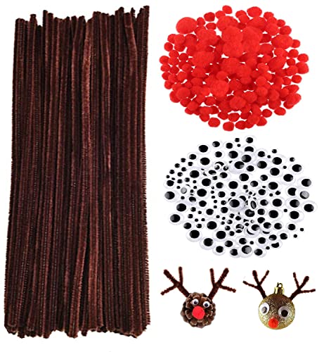 Juego de 200 limpiadores de pipas, color marrón, 150 pompones rojos, 150 unidades, 150 unidades, autoadhesivos, para Navidad, hechos a mano Cover