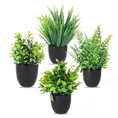Kunststoff Pflanze im Topf, 4 Stück Künstliche Deko für Schreibtische, Innenräume, Badezimmer - Kleine Dekorative Grünpflanzen